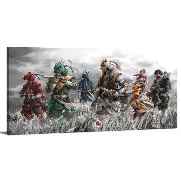 Seven Warriors on Field Canvas Wall Art